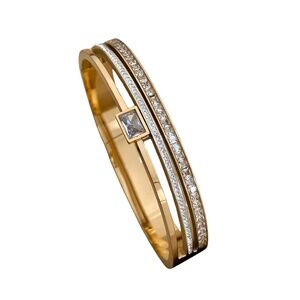Gold Triple Row CZ Bangle Bracelet – 60mm Stainless, 10mm Width